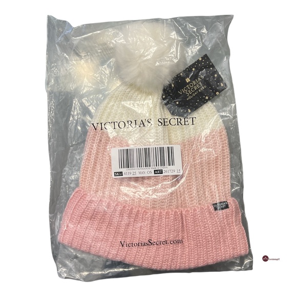 VICTORIA'S SECRET Pink White Beanie Pom Pom Winter Hat - Picture 5 of 6